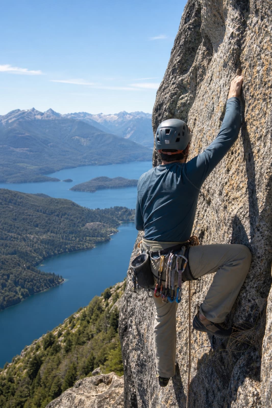 Escalador en una pared con vista a lagos y montañas de Bariloche